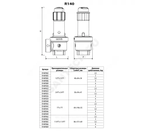 Клапан предохранительный пружинный угловой латунь R140 Ду 20х20 ВР G3/4"хG3/4" Рср=3бар 110С Giacomini R140Y023