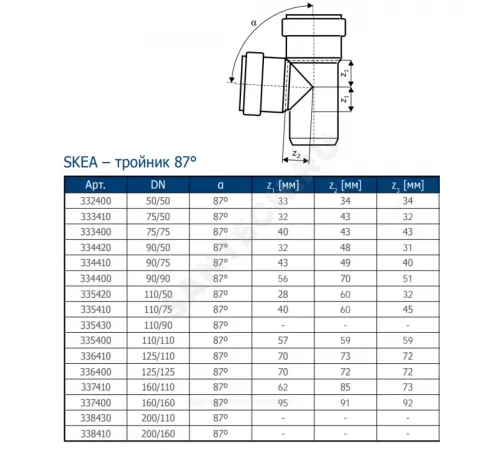 Тройник PP-MD переходной бесшумный светло-серый Skolan Safe SKEA Дн 78х58х87гр (DN75х50) б/нап в/к Ostendorf 333410
