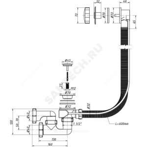 Слив-перелив для ванны регулируемый полуавтоматический (тросик) 1 1/2"x40 слив клапан, пробка D=45мм Орио А-2808
