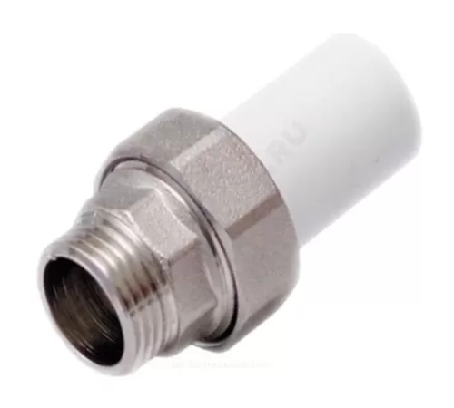 Муфта трубная PP-R комбинированная разъемная белая Дн 20х1/2" Ру25 наруж пайка/НР RTP (РосТурПласт) 14287