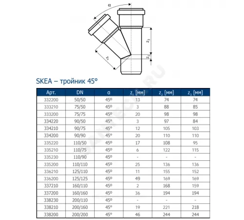 Тройник PP-MD бесшумный светло-серый Skolan Safe SKEA Дн 110х110х45гр (DN110х110) б/нап в/к Ostendorf 335200