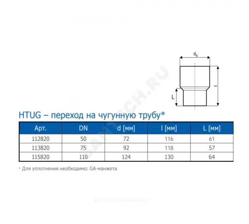 Переход PP-H на чугун серый HT HTUG Дн 50 б/нап без манжеты Ostendorf 112820