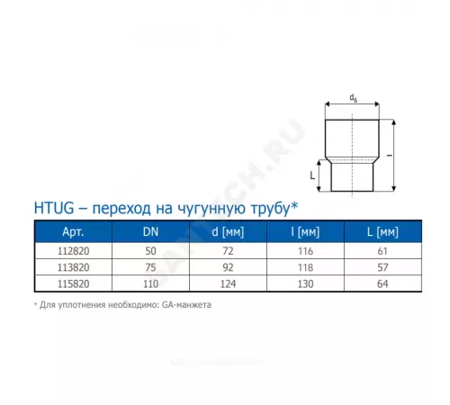 Переход PP-H на чугун серый HT HTUG Дн 75 б/нап без манжеты Ostendorf 113820