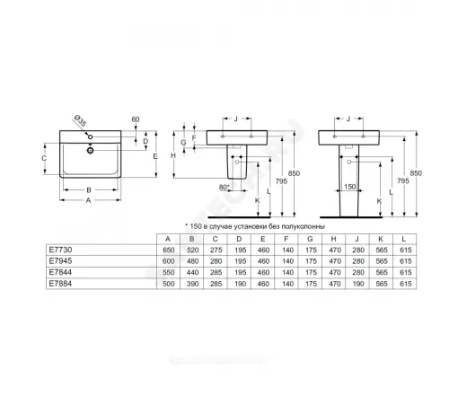 Умывальник подвесной Connect CUBE 55 1 отверстие под смеситель по центру Ideal Standard E784401 Умывальник подвесной Connect CUBE 55 1 отверстие под смеситель по центру Ideal Standard E784401