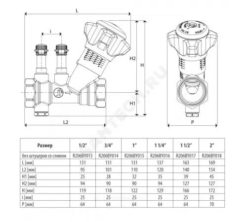 Клапан балансировочный ручной латунь R206B Ду 15 G1/2" A Ру25 ВР Kvs=2.7м3/ч без ниппелей Giacomini R206BY013