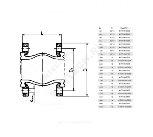 Компенсатор резиновый антивибрационный EPDM DI7240N Ду 250 Ру10 фл L=240мм Tecofi DI7240N-0250 сжатие/растяжение 25 мм/16 мм
