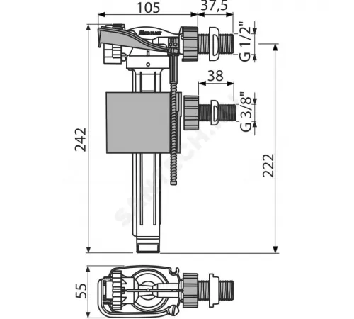 Арматура для бачка наливная 3/8" и 1/2" боковое подключение Alca Plast А150UNI Арматура для бачка наливная 3/8" и 1/2" боковое подключение Alca Plast А150UNI