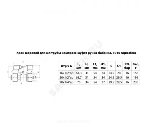 Кран шаровой латунь никель 1016 Euro Дн 20х1/2" Ру16 ВР/обжим бабочка красная Aquasfera 1016-02 .
