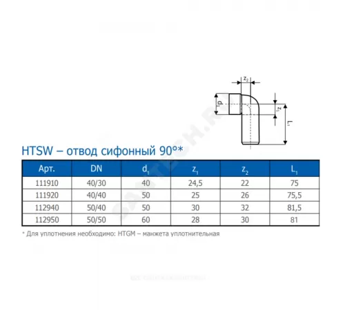 Отвод PP-H сифонный серый HT HTSW Дн 50/50х90гр б/нап б/к Ostendorf 112950