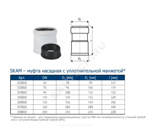 Муфта PP-MD насадная бесшумная светло-серая Skolan Safe SKAM Дн 58 (DN50) б/нап в/к Ostendorf 332810