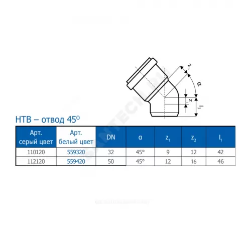 Отвод PP-H белый HT HTBw Дн 32х1,8х45гр б/нап в/к Ostendorf 559320