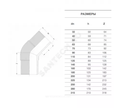 Отвод спигот ПЭ100 Дн 50х45гр Ру16 SDR11 EUROSTANDARD 2015160050
