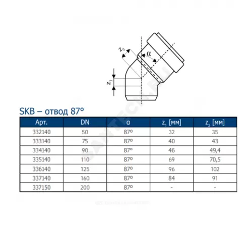 Отвод PP-MD бесшумный светло-серый Skolan Safe SKB Дн 160х87гр (DN160) б/нап в/к Ostendorf 337140
