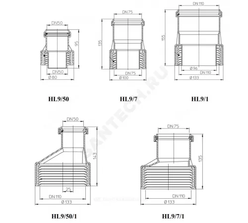 Переход PP-H Дн 50х100 б/нап ПП,НПВХ-чугун(сталь) HL 9/50/1