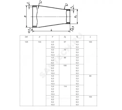Переход сталь концентрический Дн 108х4,0-89х3,5 (Ду 100х80) бесшовный ГОСТ 17378-2001