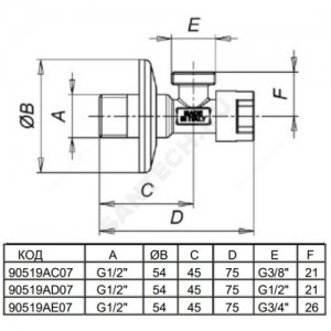 Кран латунный бытовой угловой G1/2"х3/4" Ру10 НР Icma 90519AE07